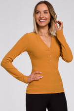 Mustard Ribbed Knit Top With Stud Buttoned Neckline - So Chic Boutique