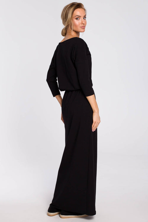Maxi Black Blouson Cotton Dress With Sewn In Belt - So Chic Boutique