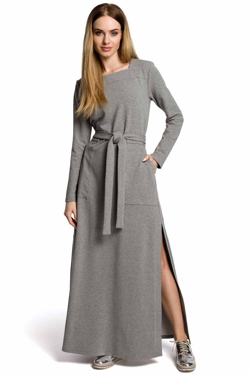 Maxi Cotton Grey Dress With A Slit - So Chic Boutique