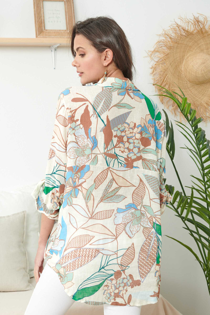 Beige Floral Linen Shirt - So Chic Boutique