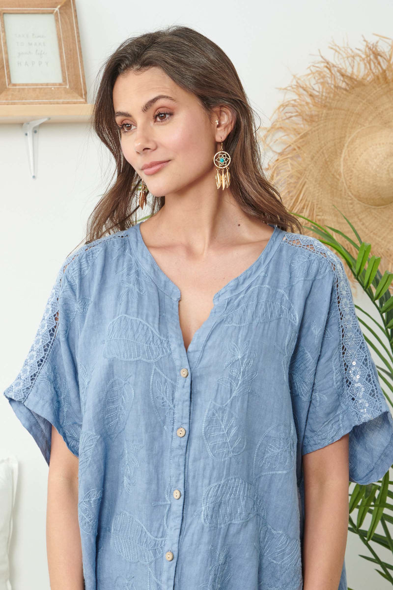Light Blue Linen Shirt With Embroidery Details - So Chic Boutique