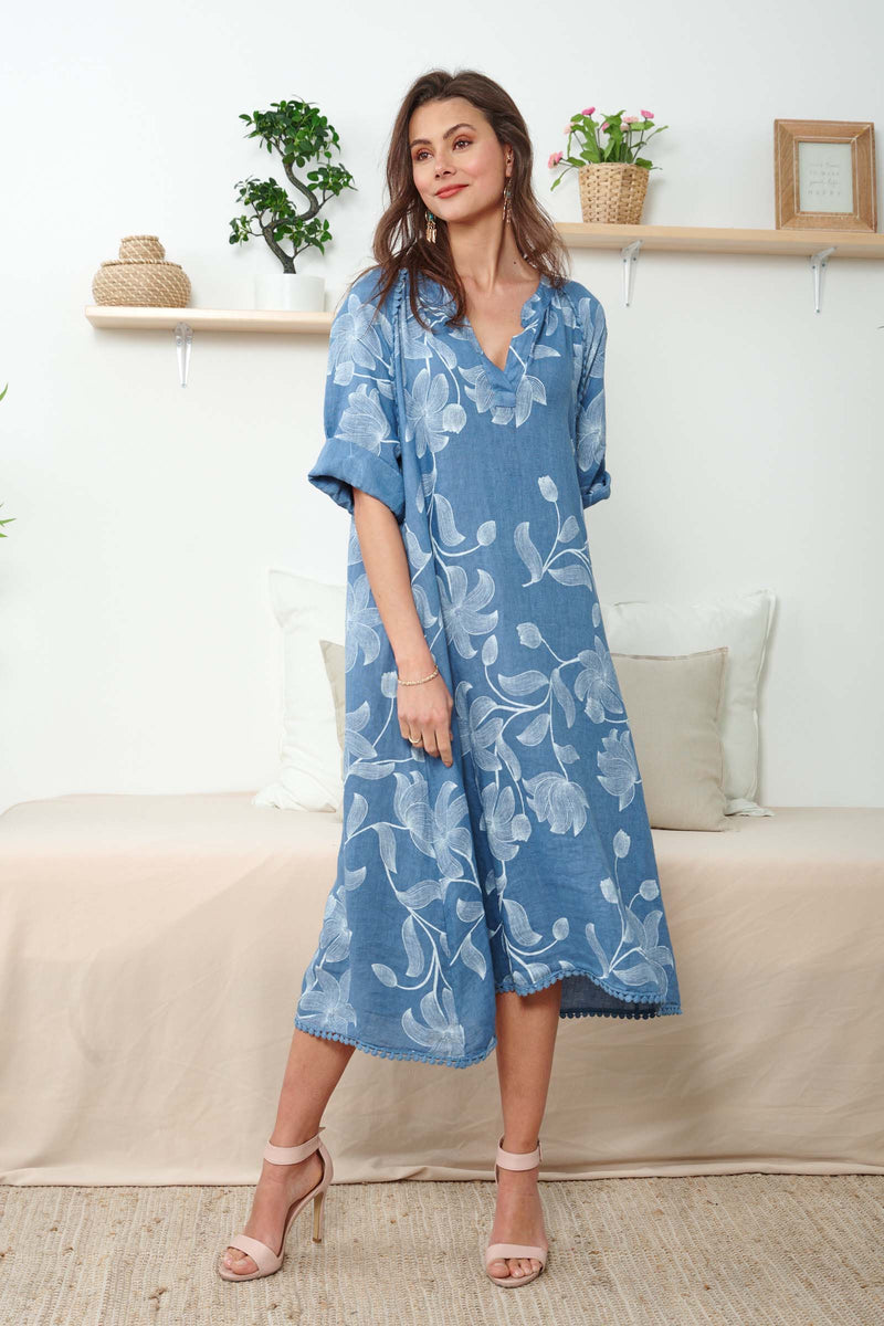 Midi Light Blue Linen Dress With Print - So Chic Boutique