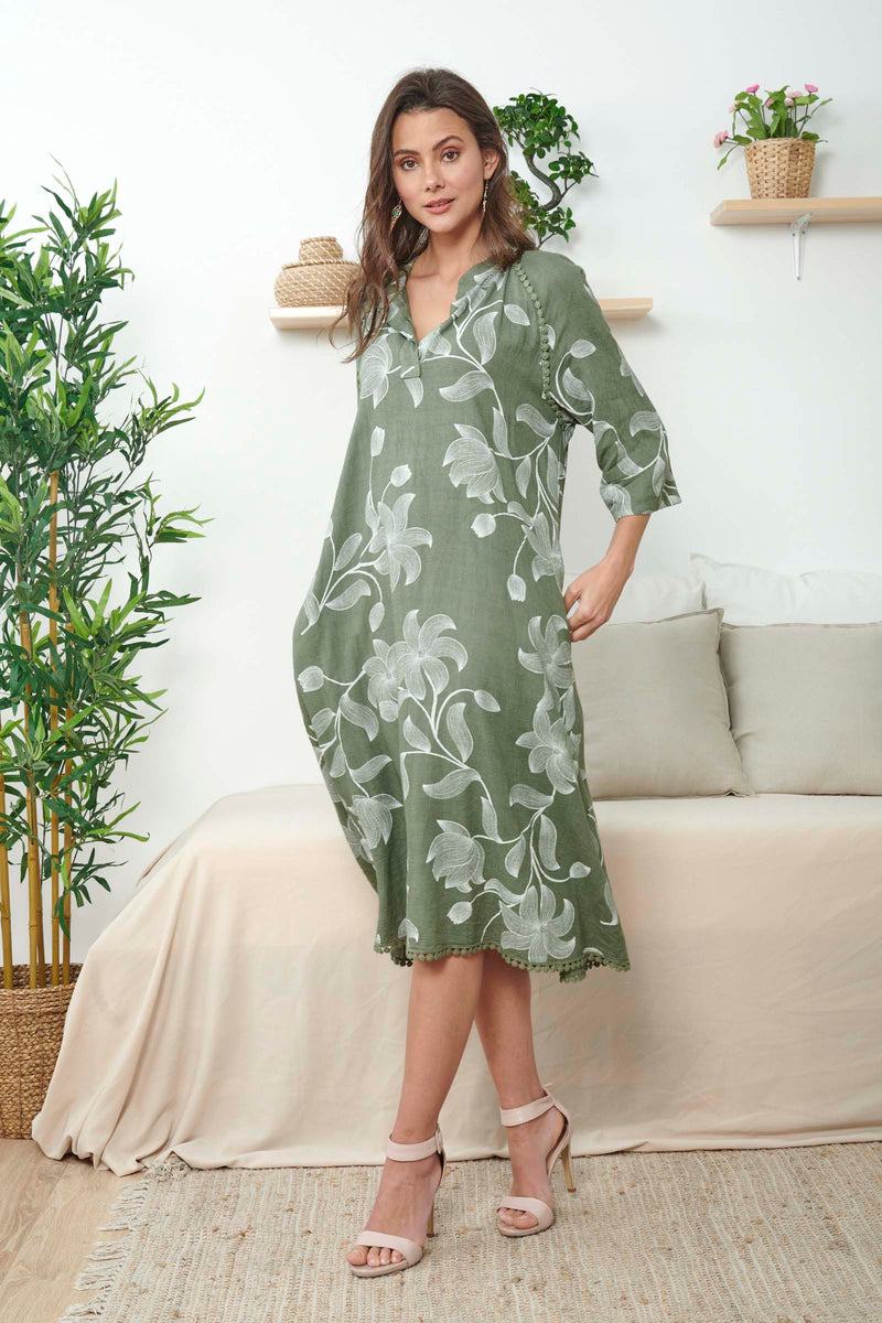 Midi Khaki Linen Dress With Print - So Chic Boutique