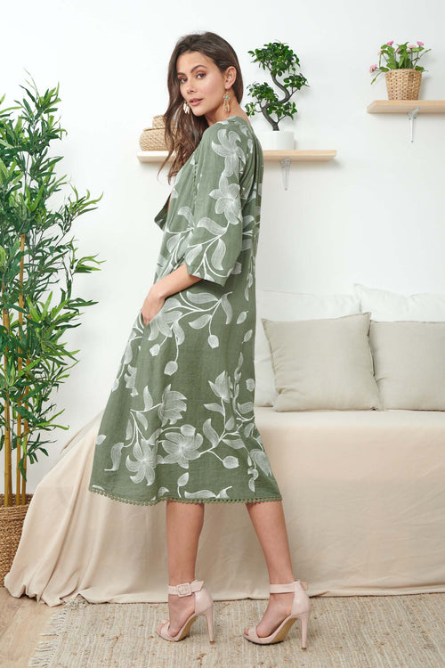 Midi Khaki Linen Dress With Print - So Chic Boutique