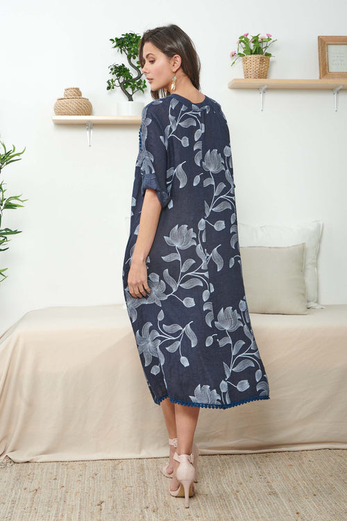Midi Navy Blue Linen Dress With Print - So Chic Boutique