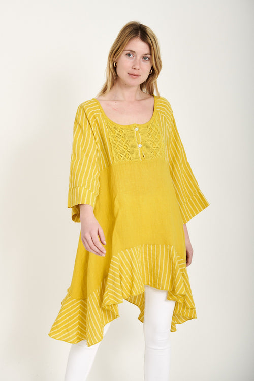 Mustard Linen Long Asymmetric Tunic Blouse - So Chic Boutique