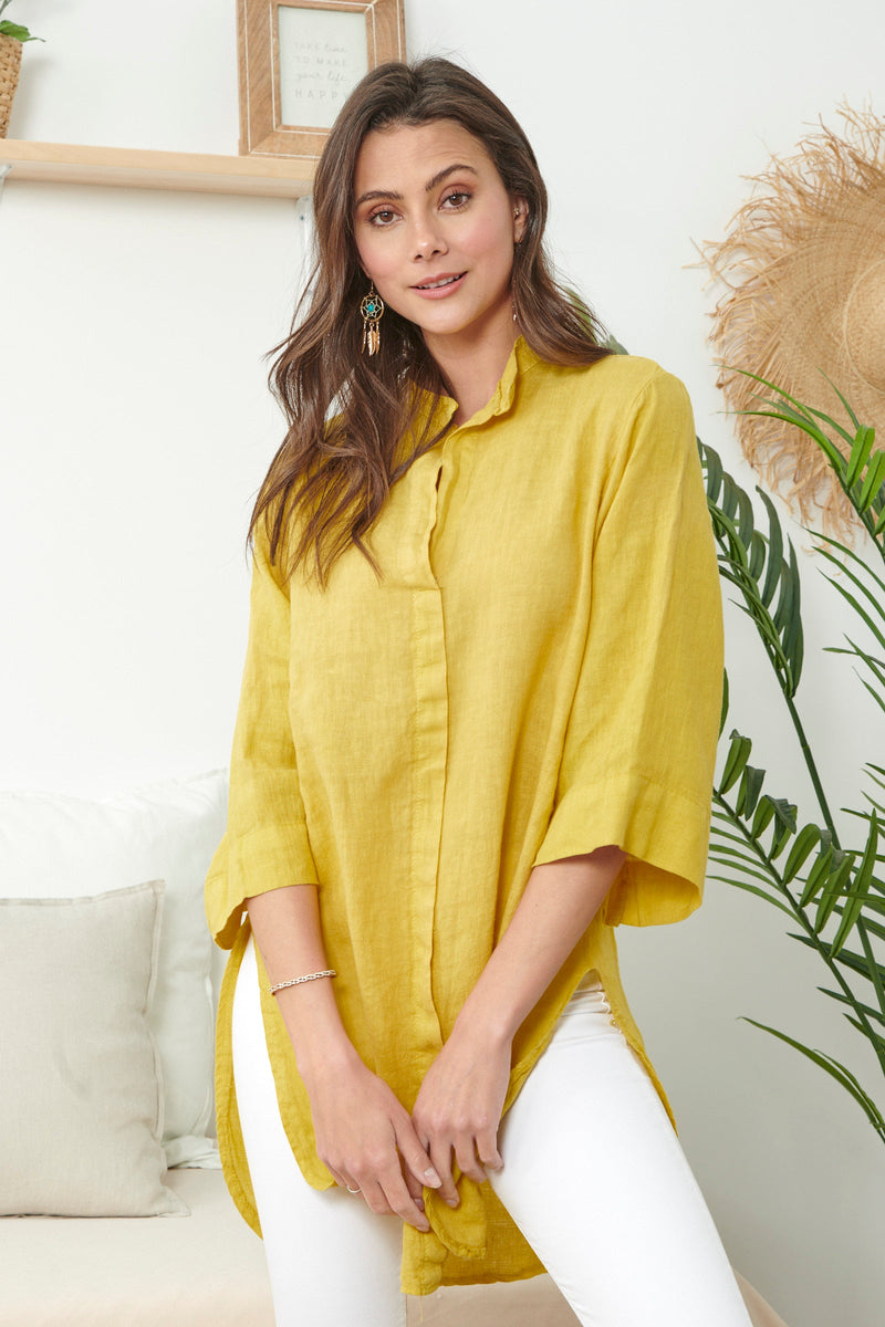 Mustard Linen Blouse With 7/8 Sleeves - So Chic Boutique