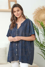 Navy Blue Linen Shirt With Embroidery Details - So Chic Boutique