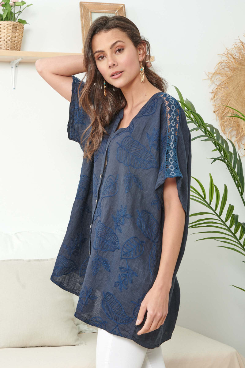 Navy Blue Linen Shirt With Embroidery Details - So Chic Boutique