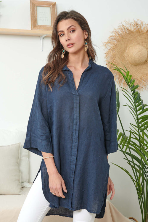 Navy Blue Linen Blouse With 7/8 Sleeves - So Chic Boutique