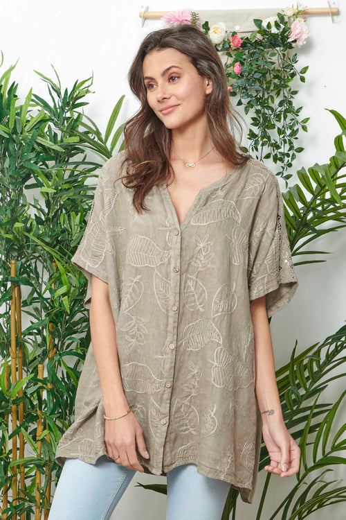 Taupe Linen Shirt With Embroidery Details - So Chic Boutique