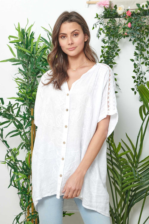 White Linen Shirt With Embroidery Details - So Chic Boutique