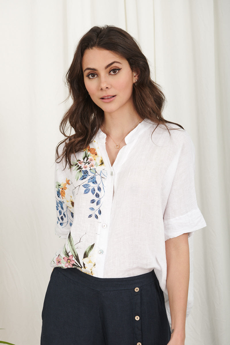 White Linen Shirt With Floral Detail - So Chic Boutique