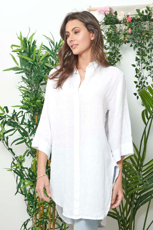 White Linen Blouse With 7/8 Sleeves - So Chic Boutique