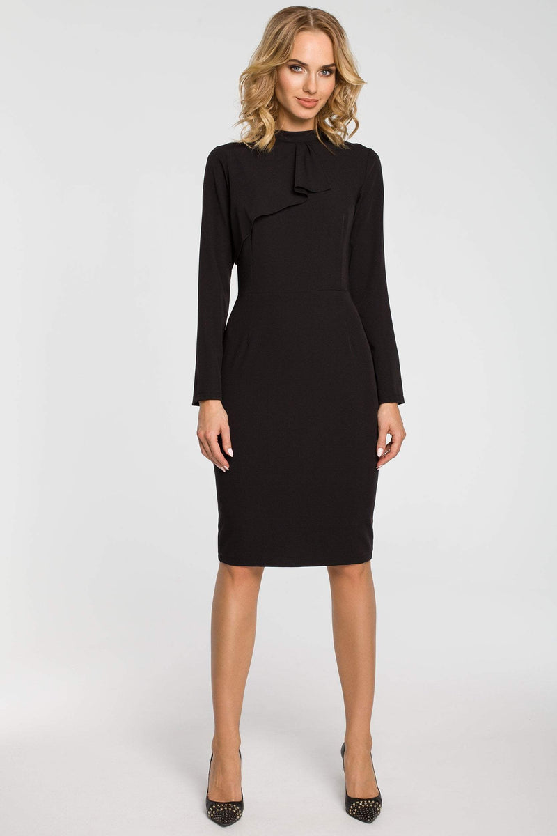 Pencil Dress With A Front Ruffle Black - So Chic Boutique