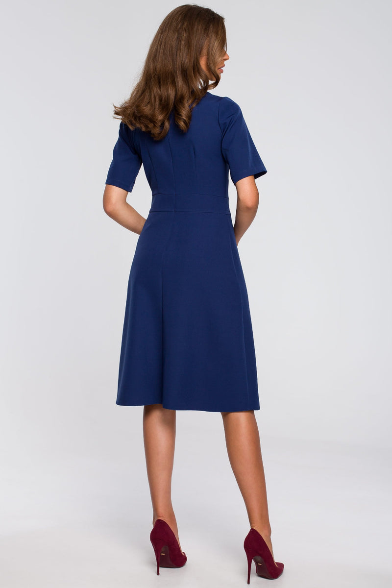 Navy Blue Midi Dress With A Wrap Front - So Chic Boutique