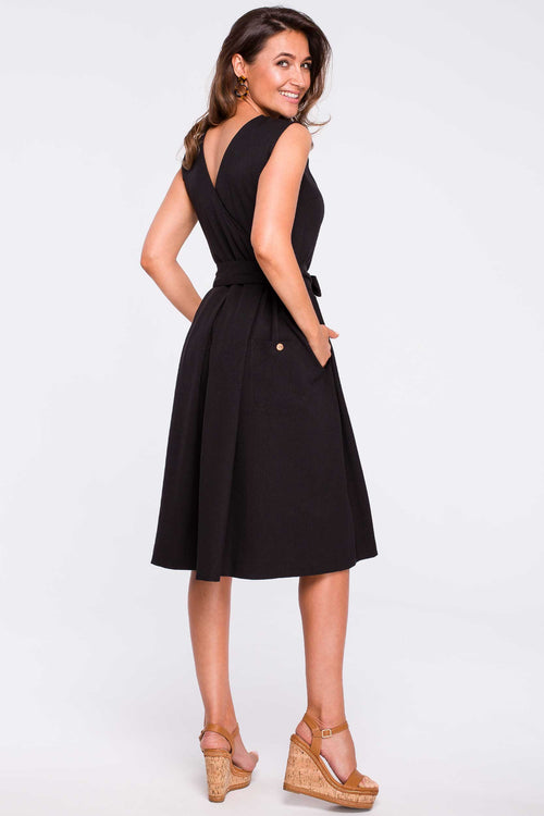 Midi Black Belted Dress With A Wrap Back - So Chic Boutique