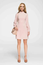Stand Up Collar Powder Pink Dress With Long Puff Sleeves - So Chic Boutique