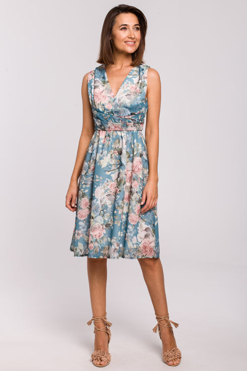 Fit And Flare Chiffon Blue Floral Dress With Wrapped Belt - So Chic Boutique