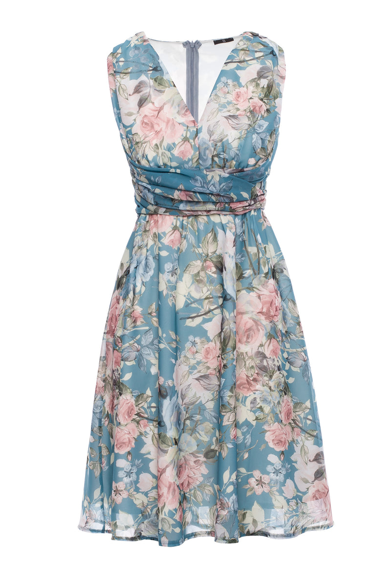 Fit And Flare Chiffon Blue Floral Dress With Wrapped Belt - So Chic Boutique