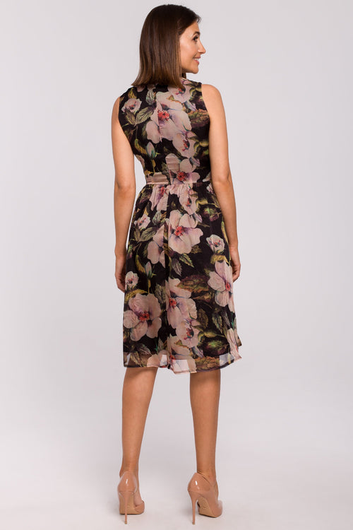 Fit And Flare Chiffon Green Floral Dress With Wrapped Belt - So Chic Boutique