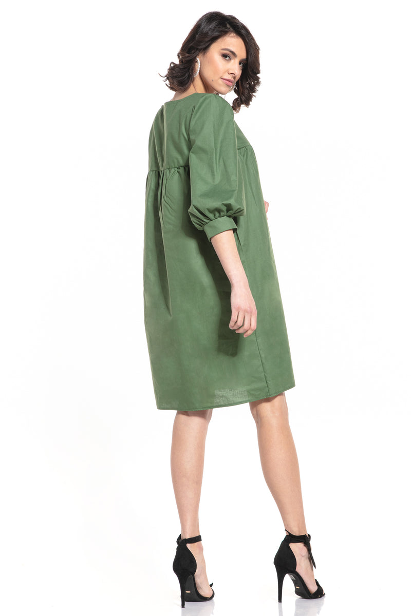 Green Cotton Midi Dress With 3/4 Puff Sleeves - So Chic Boutique