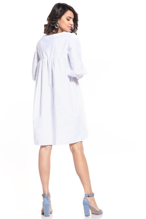 White Cotton Midi Dress With 3/4 Puff Sleeves - So Chic Boutique