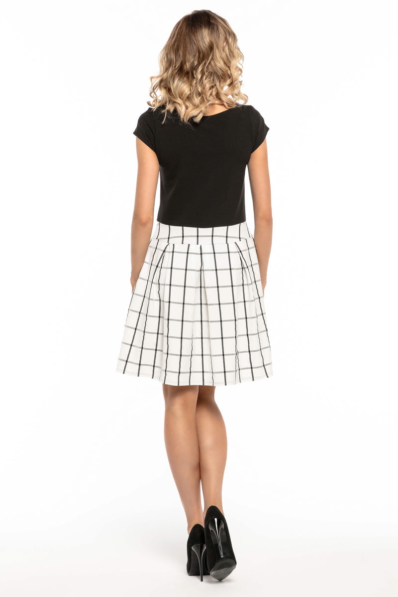Black And Ecru Checked Mini A Line Dress With Cap Sleeves - So Chic Boutique