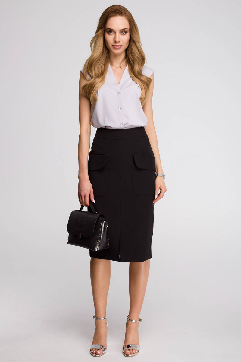 Black Pencil Skirt With Front Flap Pockets - So Chic Boutique