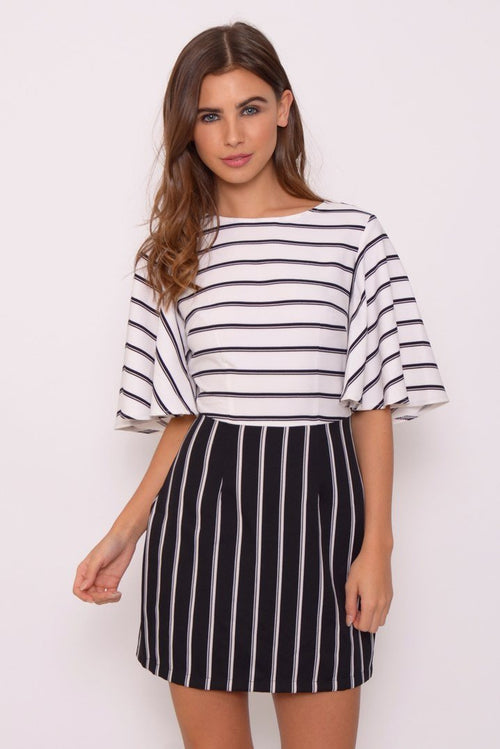 Black And White Cape Sleeve Stripe Dress - So Chic Boutique